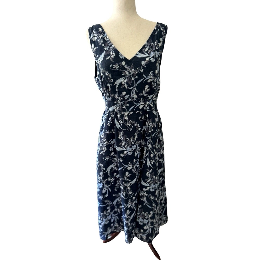 C&C California 100% Linen Blue White Floral V-Neck Summer Midi Dress Pockets 14